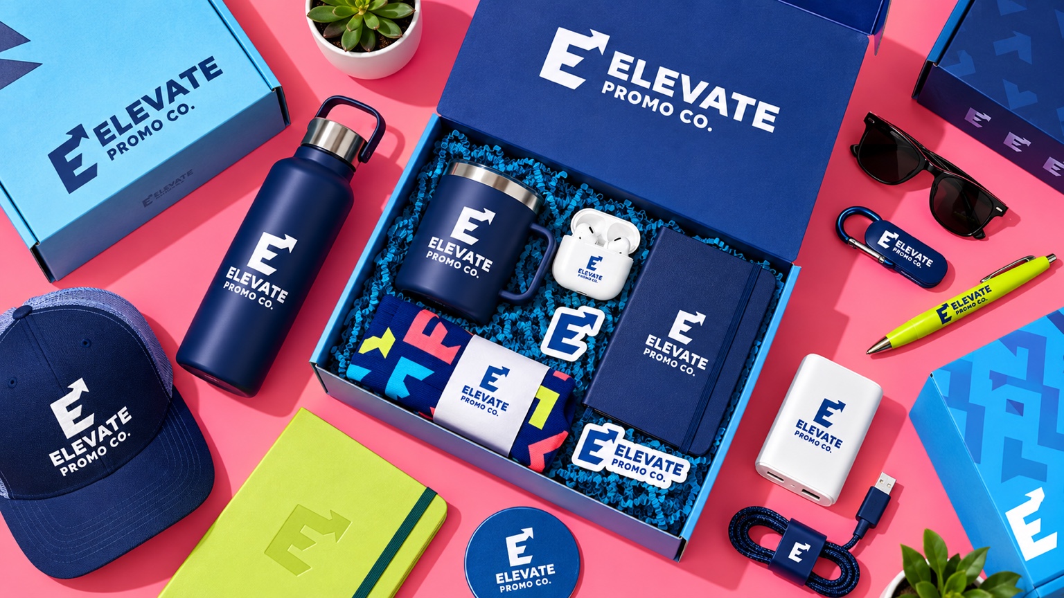 Colorful custom gift set concept with branded drinkware, notebook, accessories, and matching packaging