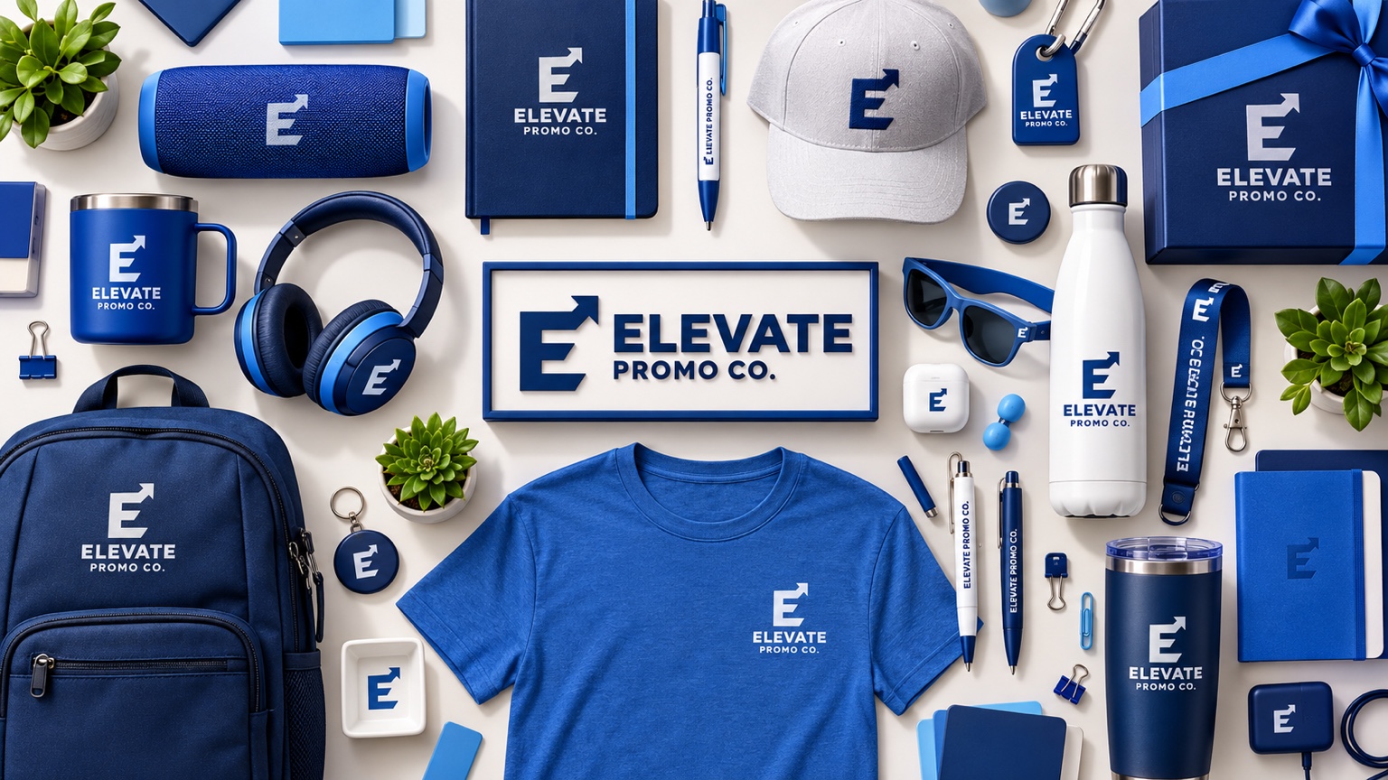 Navy Elevate merchandise concept featuring apparel, drinkware, bags, stationery, and tech accessories
